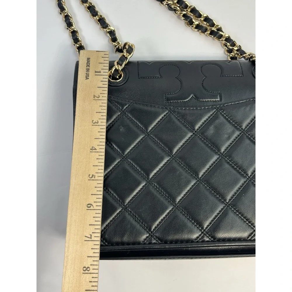 TORY BURCH Black Quilted Leather SAVANNAH Small Flat Chain Strap Tote Bag